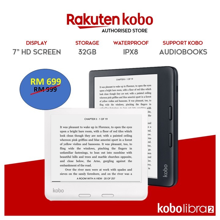 Rakuten Kobo Libra 2 EReader EBook Glare Free Touchscreen Waterproof ...