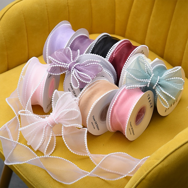 (4.5M) 4CM PEARL RIBBON Reben Riben Gift Satin fish tail Organza Flower ...
