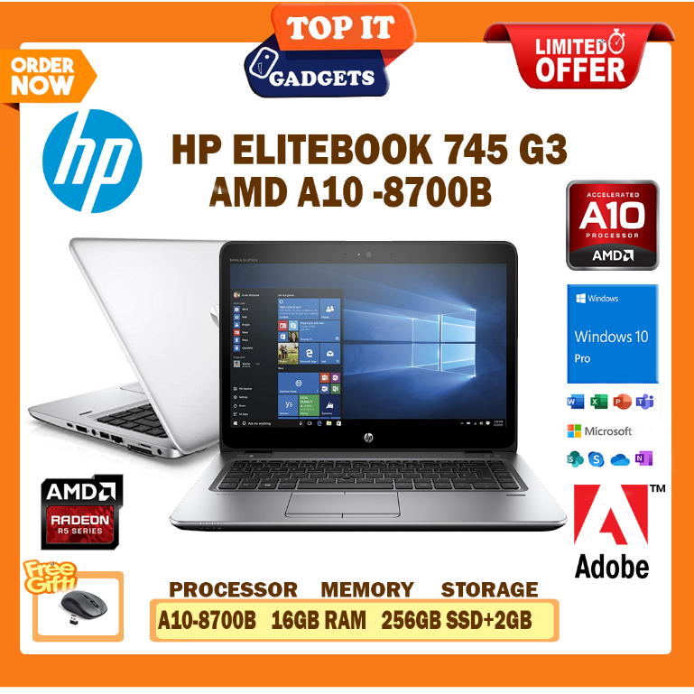 HP ELITEBOOK 745 G3 SILVER ULTRABOOK AMD A10 PRO QUAD CORE PROCESSOR ...