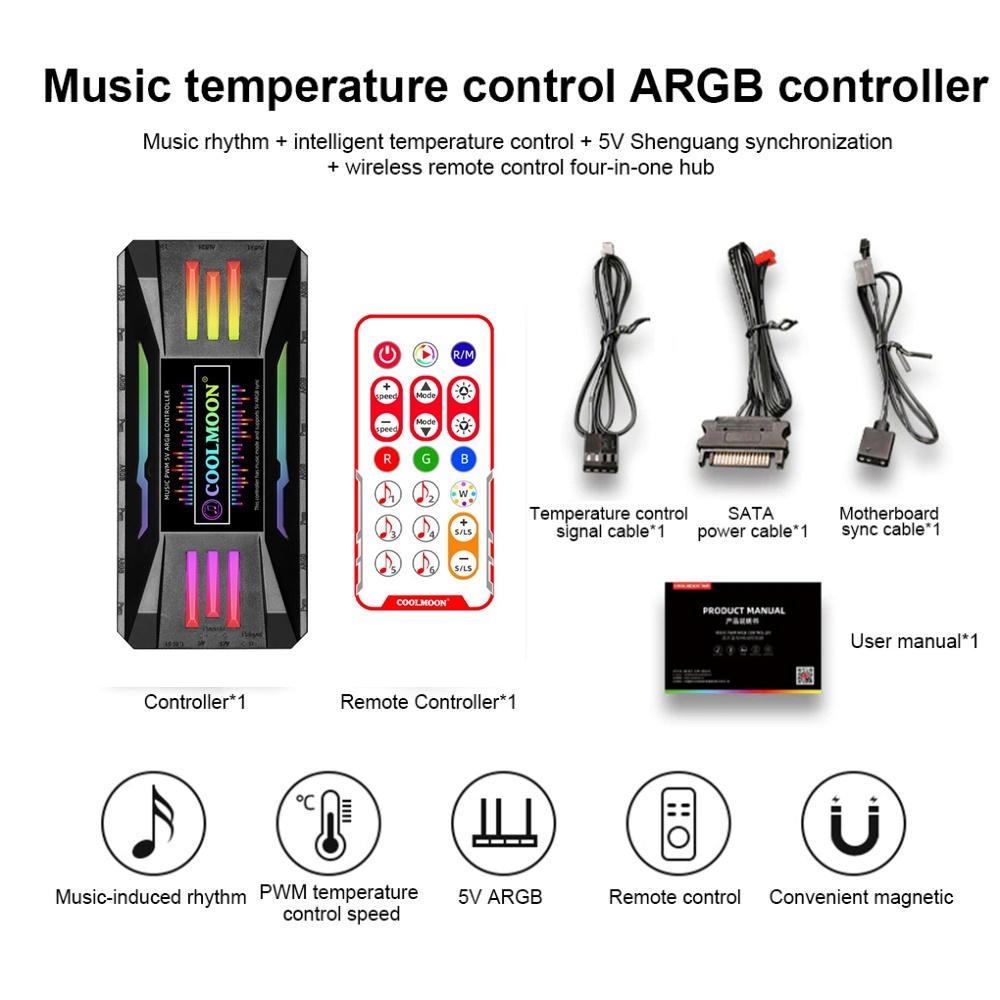COOLMOON ARGB Music Rhythm Hub (5V 3PIN ARGB+4 Pin PWM) PC Case CPU Fan ...