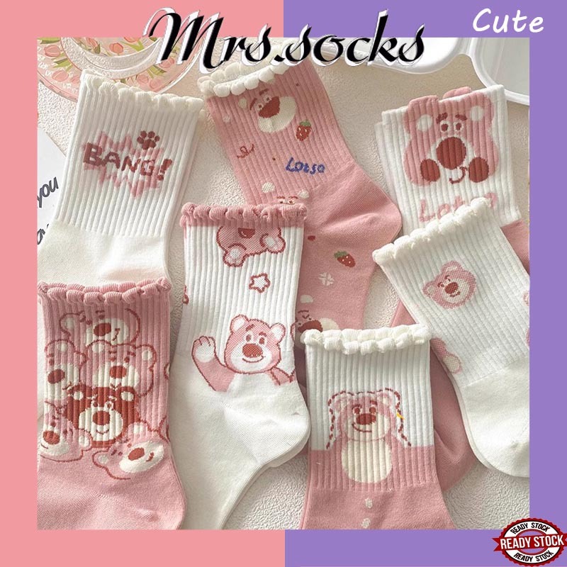 Mrs.socks Pink Bear Ins Cute Socks Crew Socks Women Stokin Panjang ...