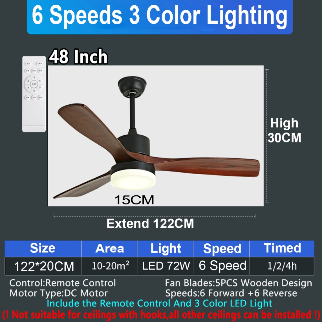 GOGEOUS Solid Wood Blade Ceiling Fan with Light 48/42