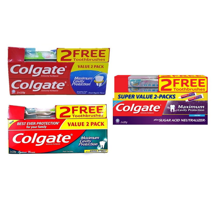 Colgate Red Twin Pack Toothpaste 225g x2 + Toothbrush x2 (Value Pack ...