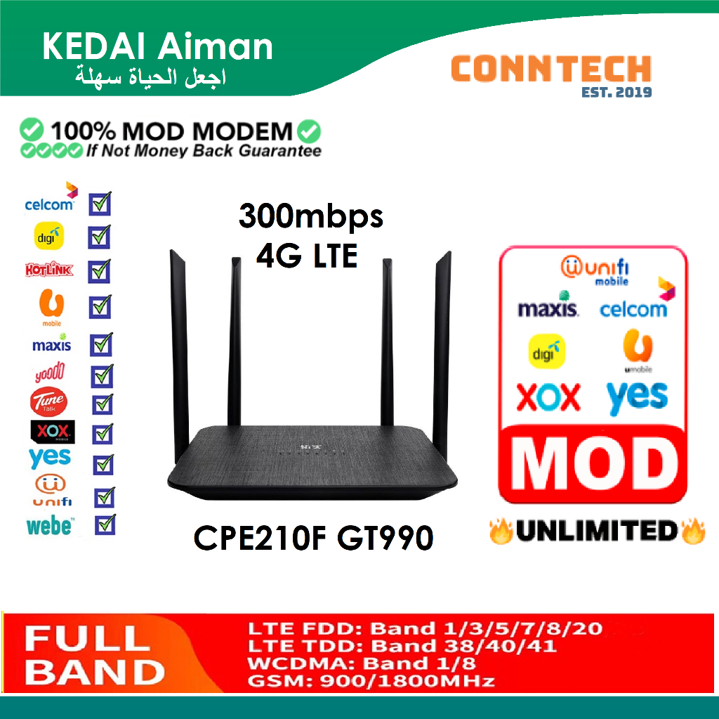 ModifiedConnTech GT990 CPE210F UNLIMITED Hotspot 4G LTE Modem Router MOD Wifi 300mbps