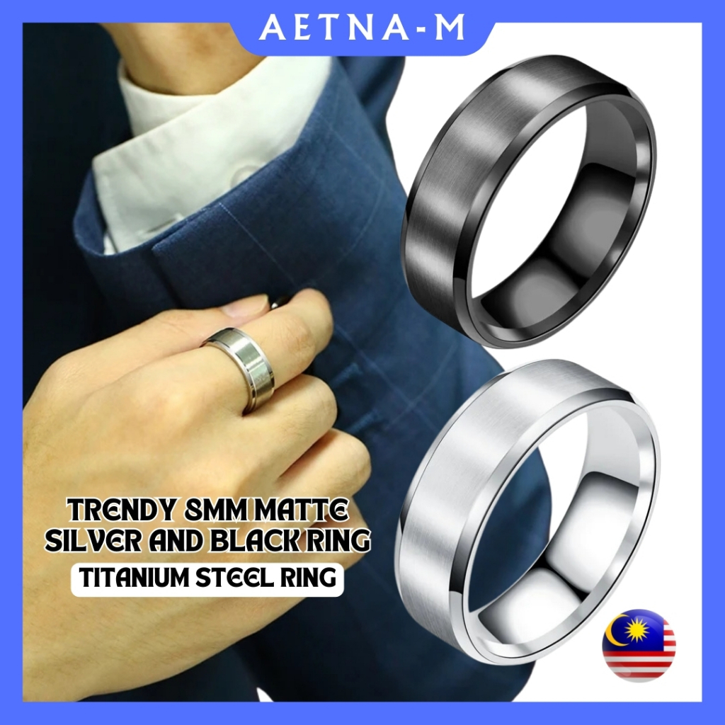 Trendy 8MM Matte Silver Black Titanium Steel Ring Men Women Tidak Karat ...