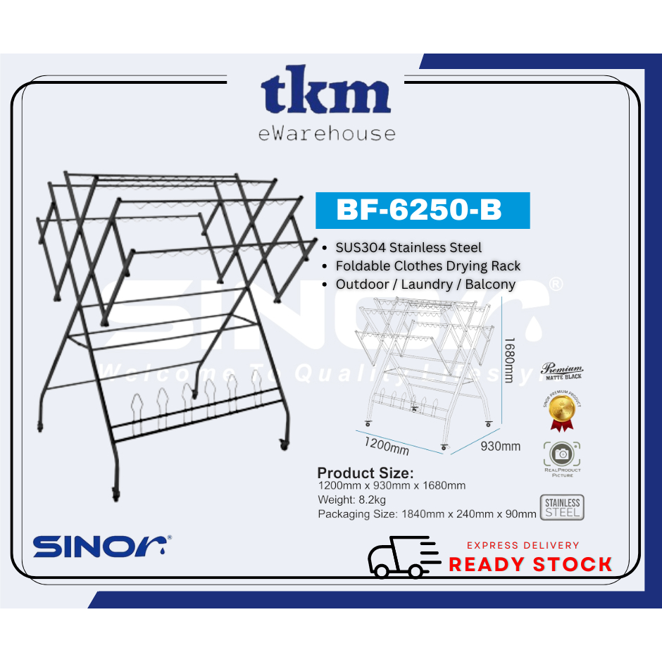 SINOR BF-6250-B STAINLESS STEEL FOLDABLE CLOTHES DRYING RACK, WITH ...
