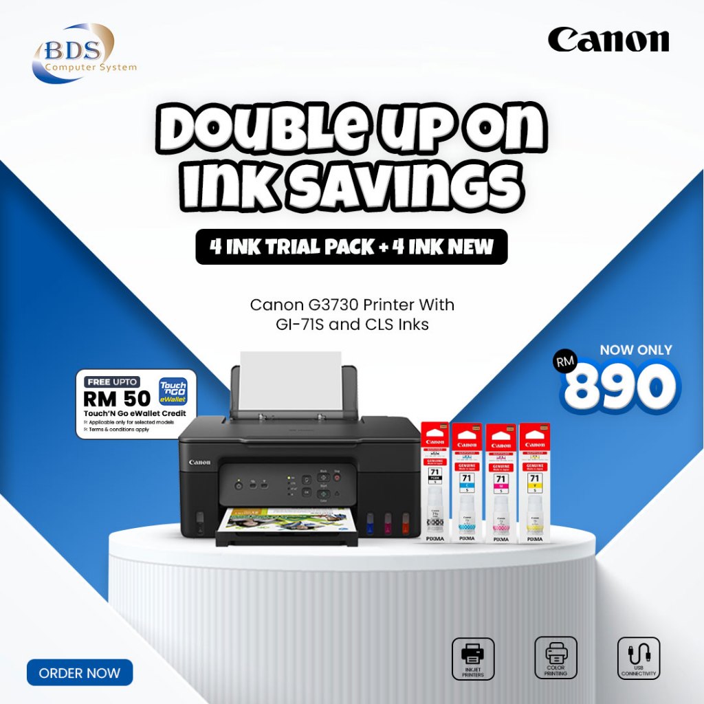 PRINTER PROMO PACKAGE (CANON PIXMA G3730 + GI-71/GI-71s BK + CL-71/CL ...