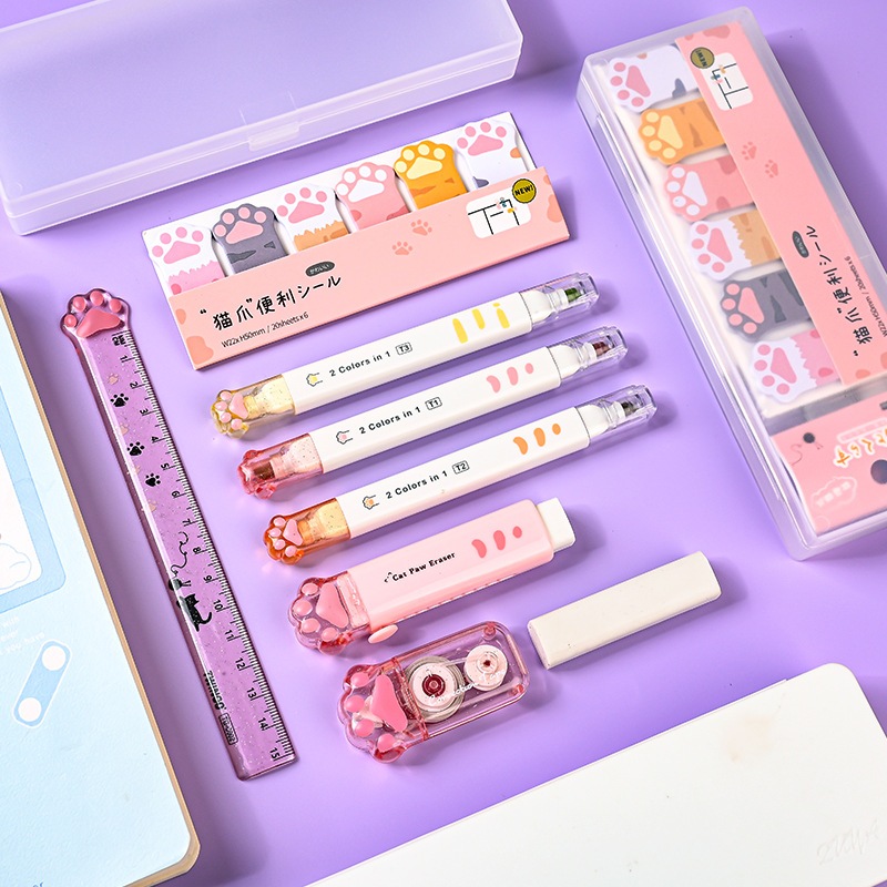 Cat Paw Stationery Gift Set Cute Pencil Case Highlighter Ruler Eraser ...