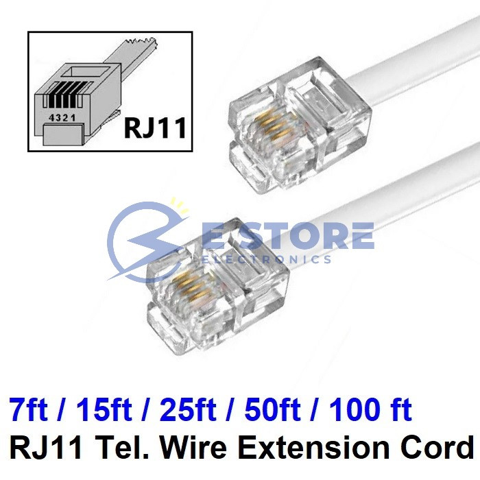 RJ11 Telephone Wire Extension Cord - 7ft / 15ft / 25ft / 50ft / 100ft ...