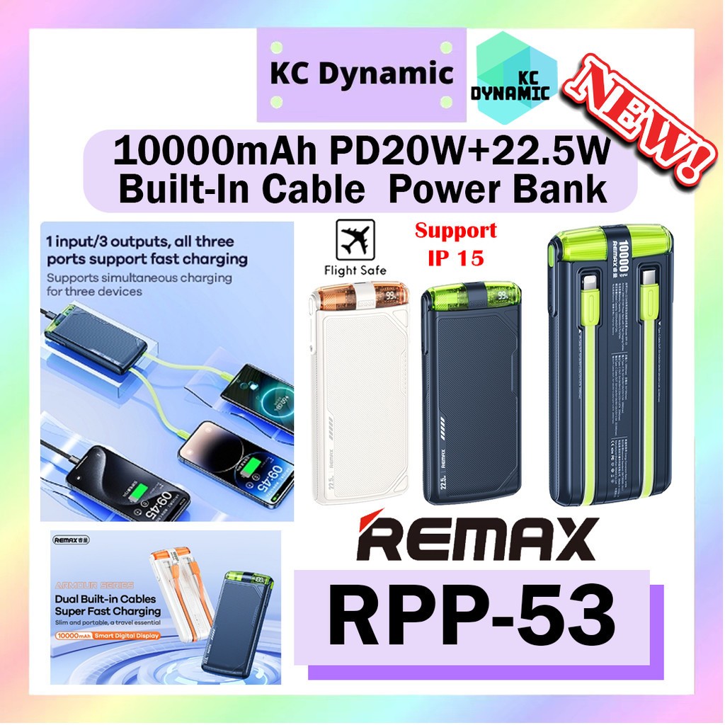 Remax RPP-53 Armour Series 10000mAh Built-In Cable Powerbank PD20W 22 ...