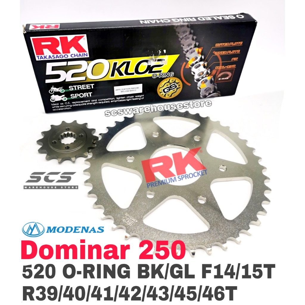 RK Sprocket Set Modenas Dominar250 520 KLO2 O-Ring Rivet Gold Chain 14 ...