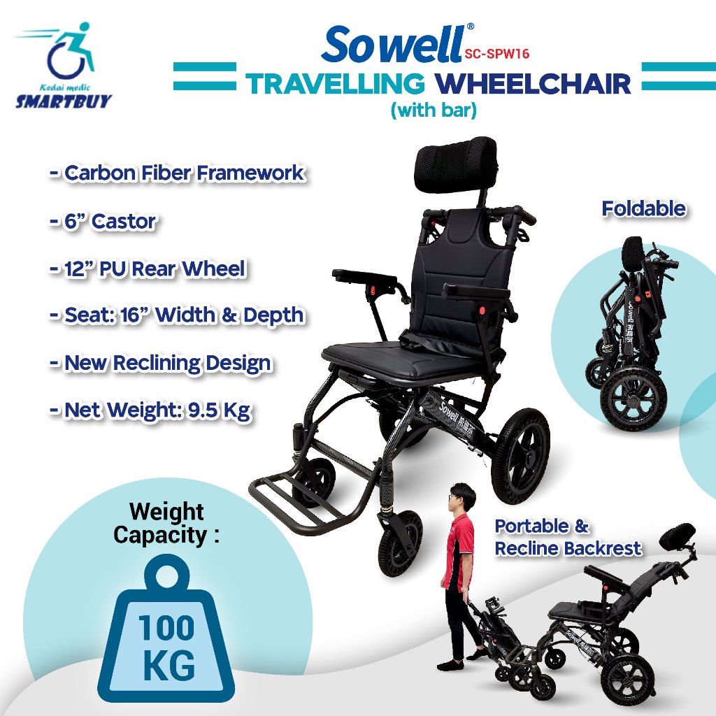 Sowell Travelling Wheelchair With Luggage Bar & Recline Backrest (SC