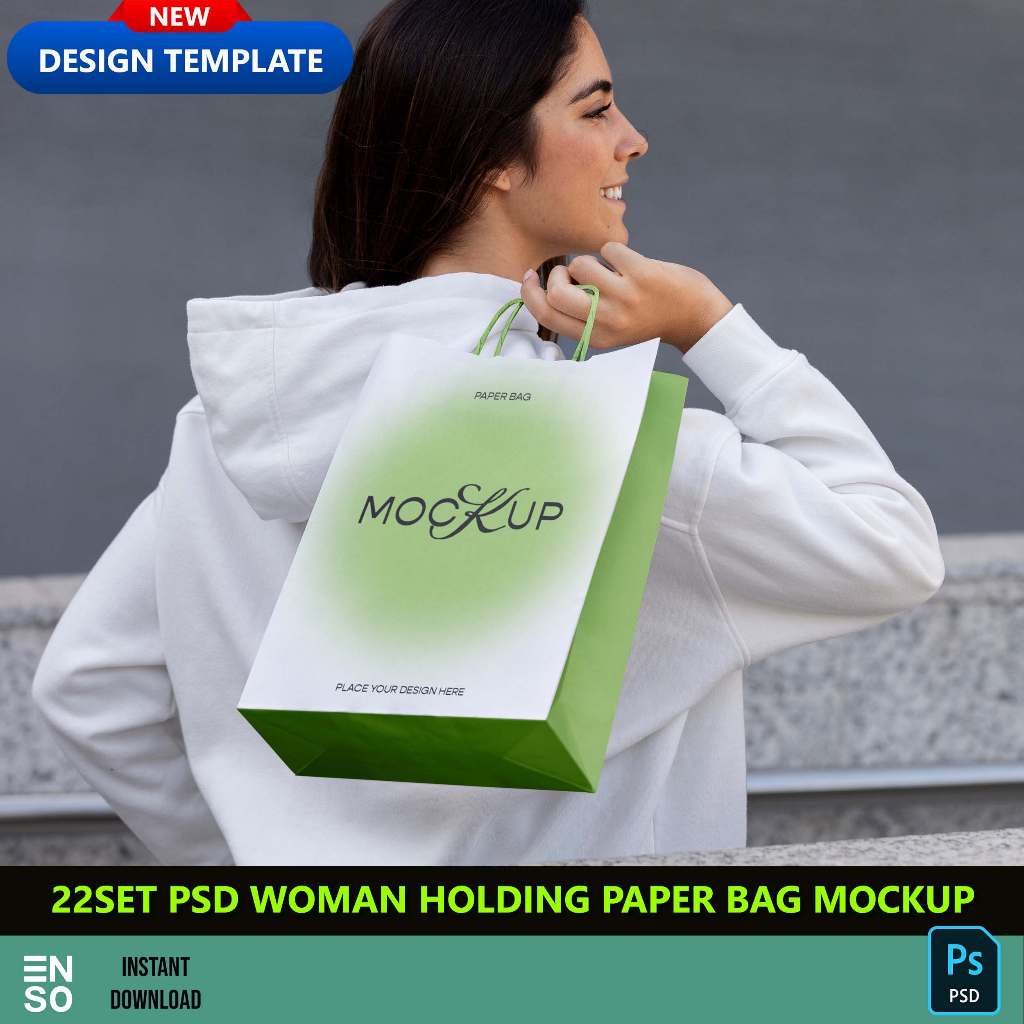 22-Set PSD Woman Holding Paper Bag Mockup Template | PHOTOSHOP Editable ...