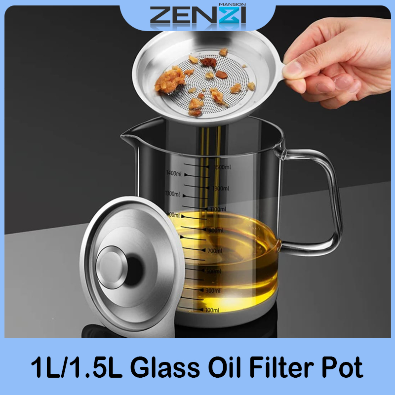 1L/1.5L Glass Oil Filter Pot Container Oil Separator Fine Mesh Strainer ...