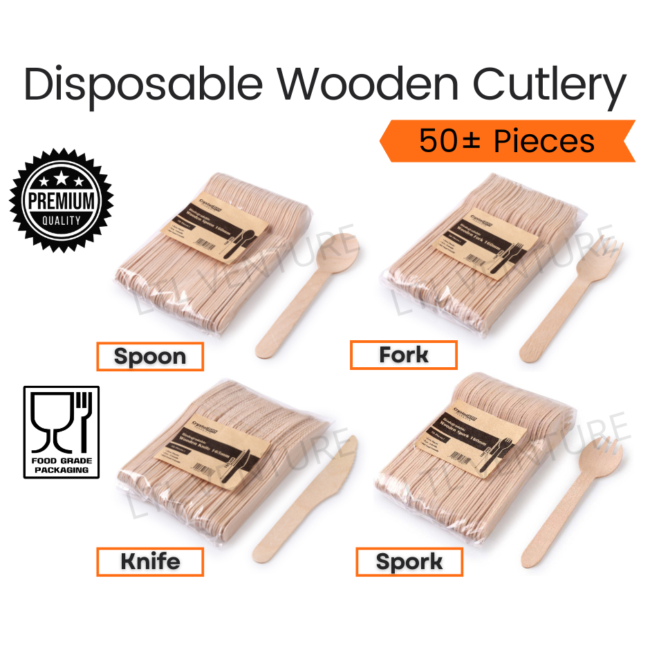 (50Pcs) Wooden Disposable Cutlery Spoon/Fork/Knife/Spork/Sudu/Garpu ...