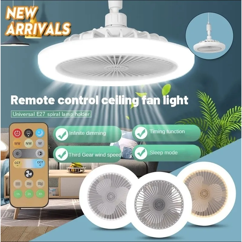 E27 3 Colors Ceiling Fan with Light 3-Speeds Led Bulb Light for Bedroom ...