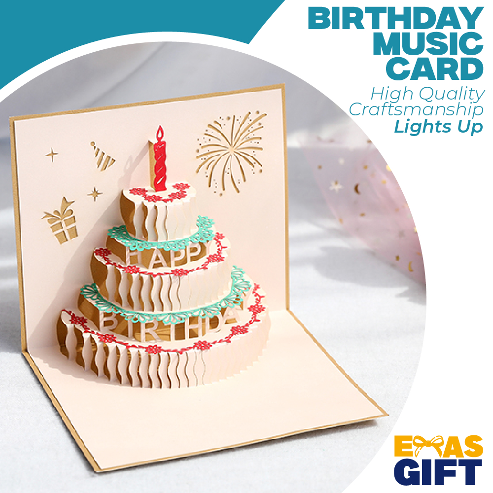 Music Birthday Card Pop Up 3D Cake Musical Light Greeting Card Include ...