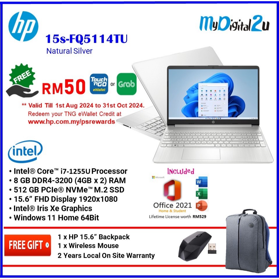 HP Laptop 15s-FQ5114TU (i7-1255U/8GB/512GB SSD/Win11/Office H&S 2021 ...