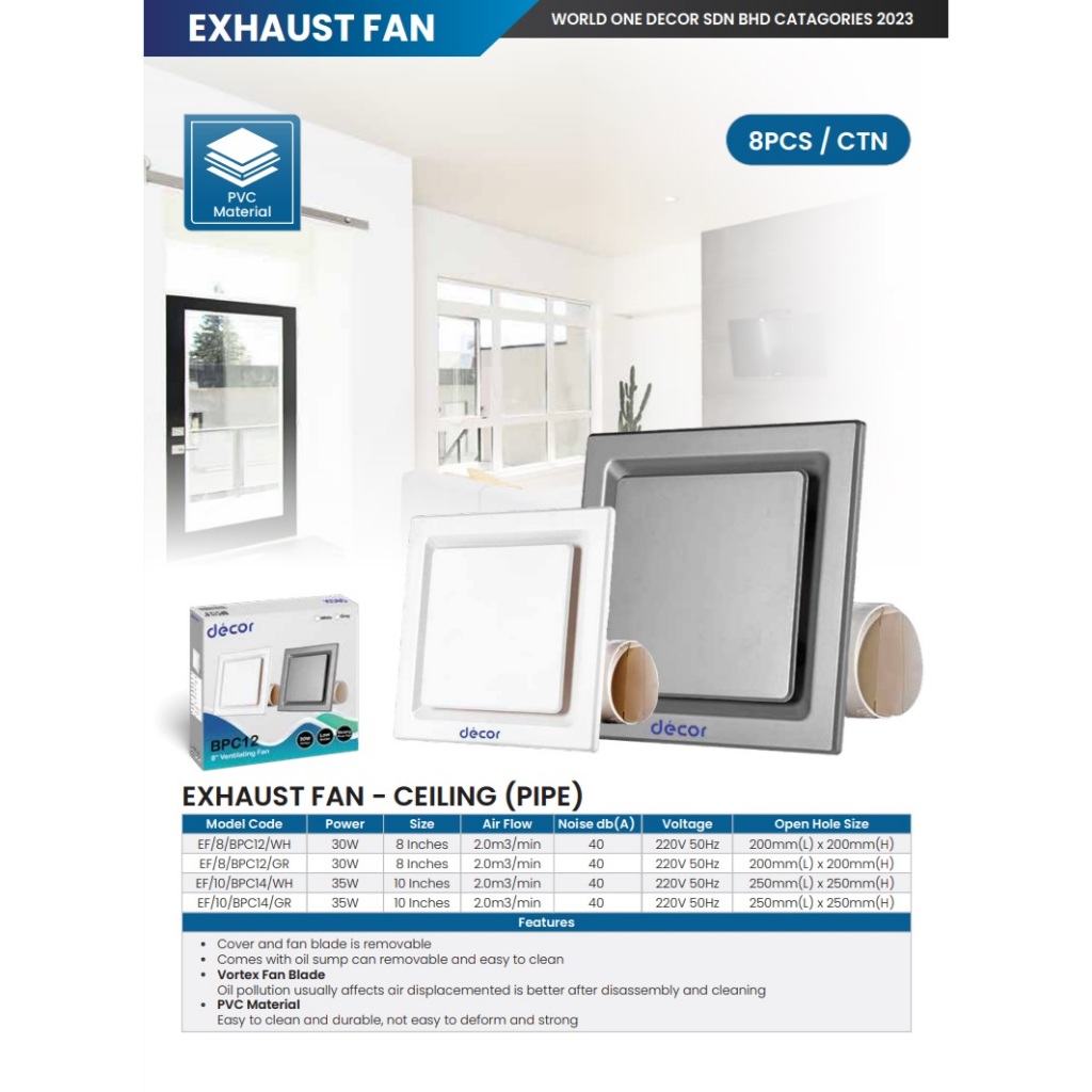 DECOR CEILING (PIPE) EXHAUST FAN (8"/10") VENTILATION FAN (WHITE/GREY ...
