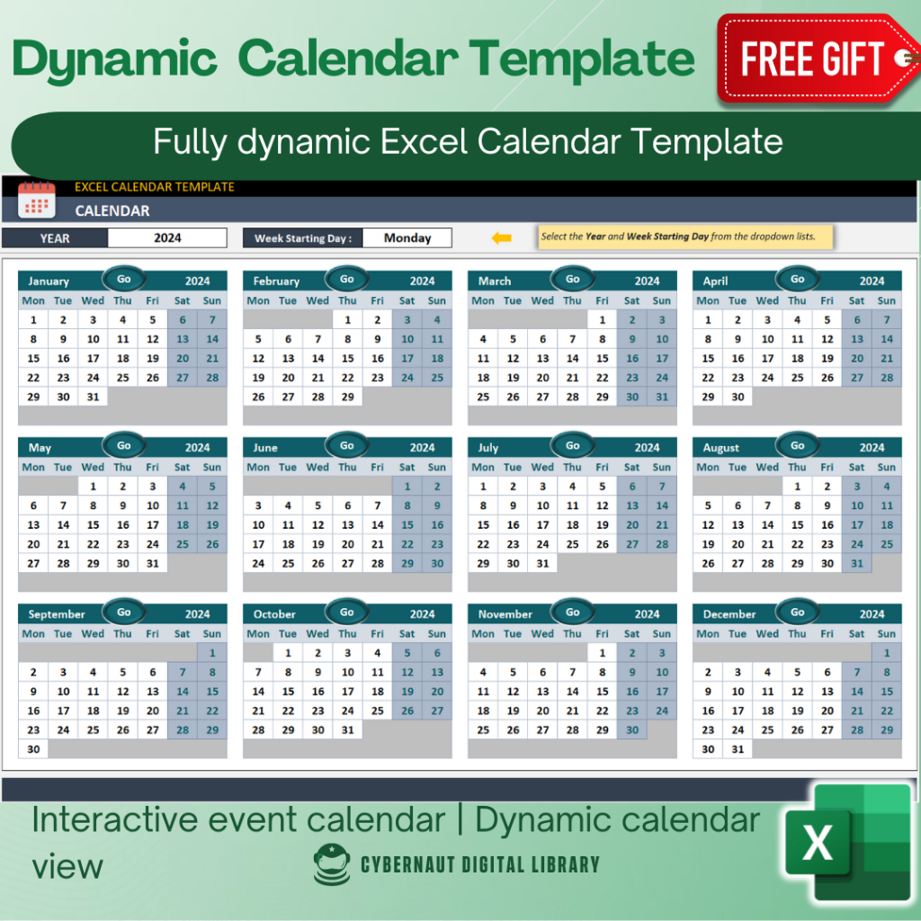 Excel Template Dynamic Calendar Excel Template(Free 12in1 Bundle