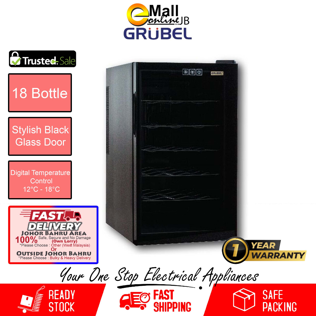 Grubel GWCTP18BK Wine Chiller 18 Bordeaux Bottles with Tempered Glass
