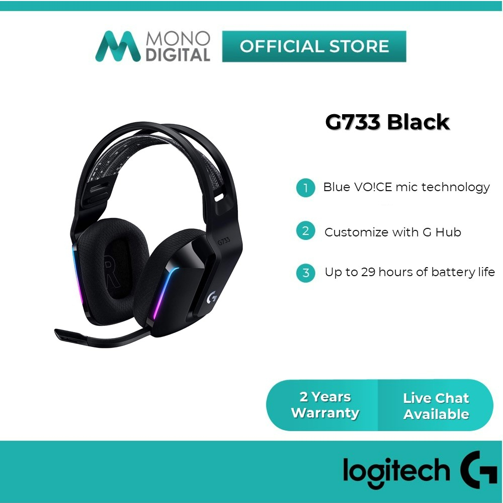 Logitech G733 LIGHTSPEED Wireless Gaming Headset with suspension headband,  LIGHTSYNC RGB, Blue VO!CE mic technology and PRO-G audio drivers, White 