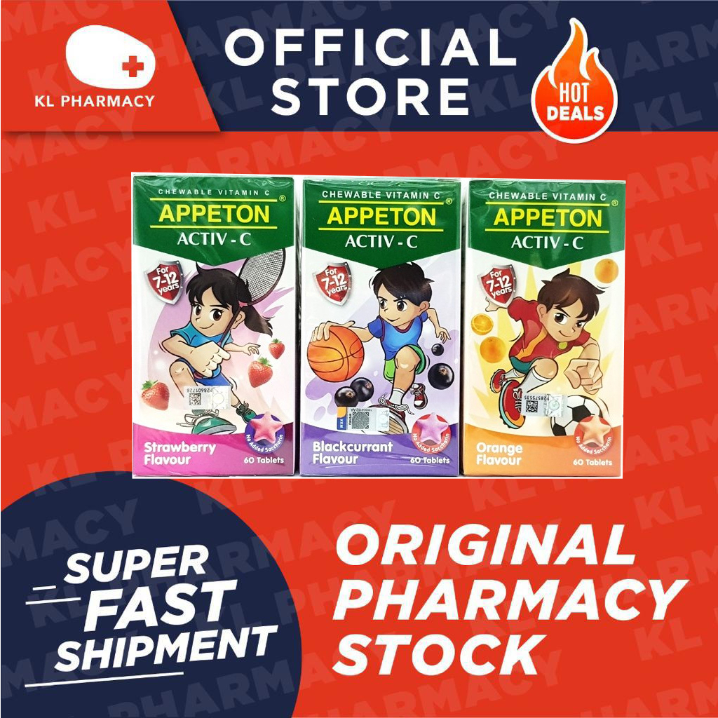 APPETON ACTIV C 100MG (7-12 Y/O) 60S - STRAWBERRY / ORANGE/BLACKCURRANT ...