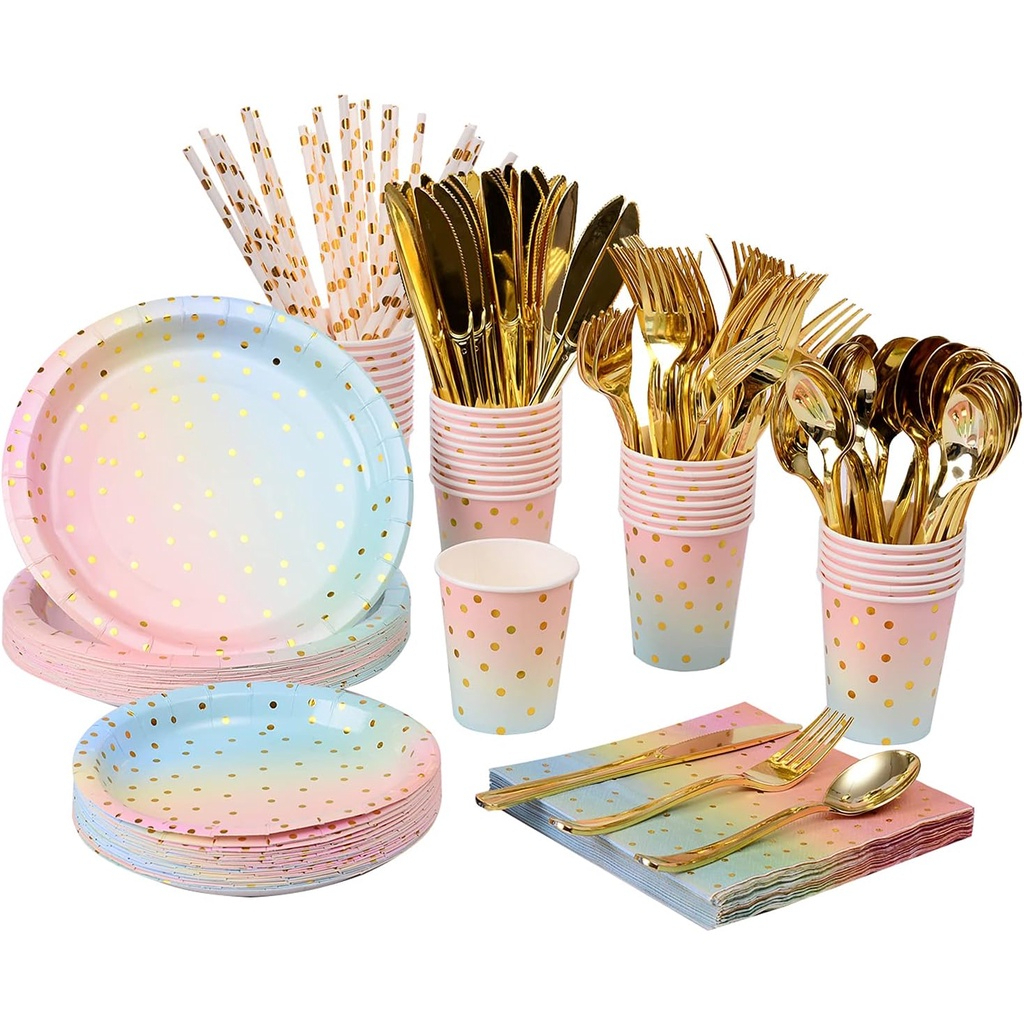 YX Rainbow Pastel Party Supplies gold pink polka dot Set Disposable ...