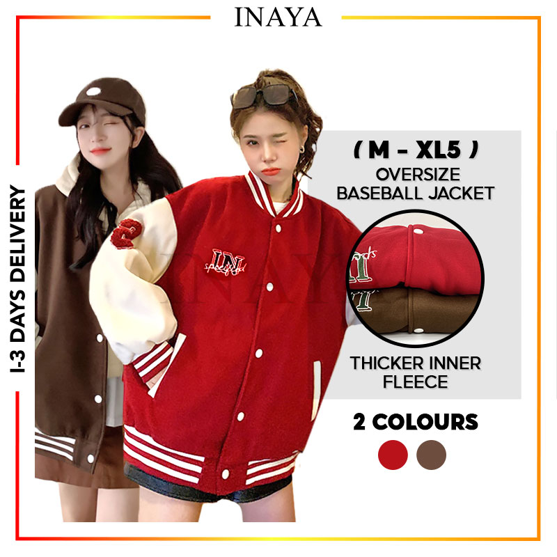 INAYA Oversize Baseball Jacket Plus Size Fleece Varsity Bomber Korea ...