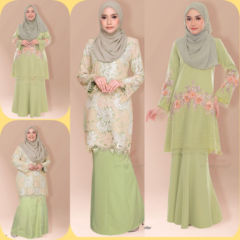 🌹BAJU KURUNG WANITA SAGE GREEN 🌹 Baju Kurung Lace Plus Size XS(34)-10XL