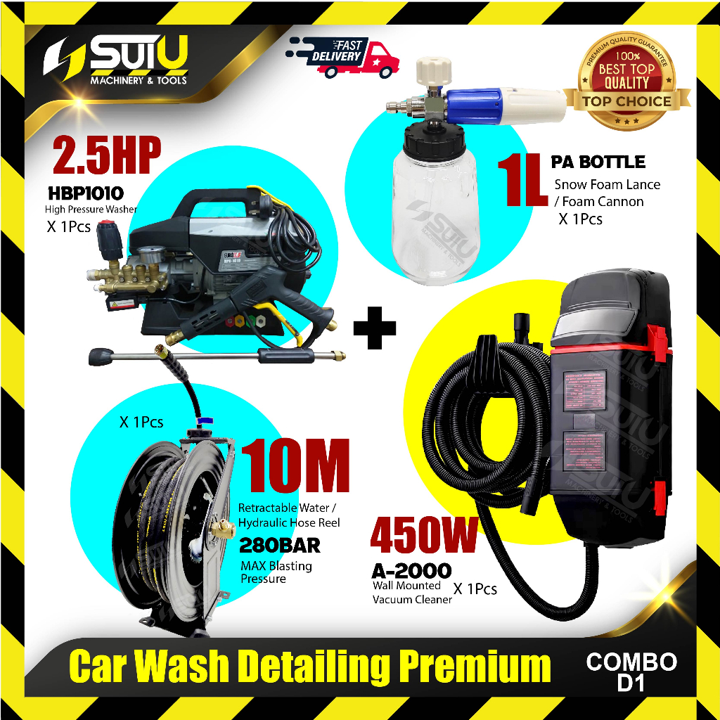 D1] Car Wash Detailing Premium Combo (HBP1010 + 1L Foam Cannon + 10M Retractable Hose