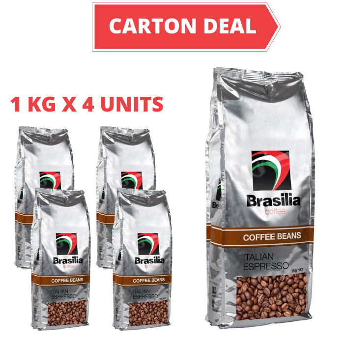 Carton Deal Brasilia Coffee Beans Italian Espresso 1kg x 4 units, Roasted Whole Arabica Coffee