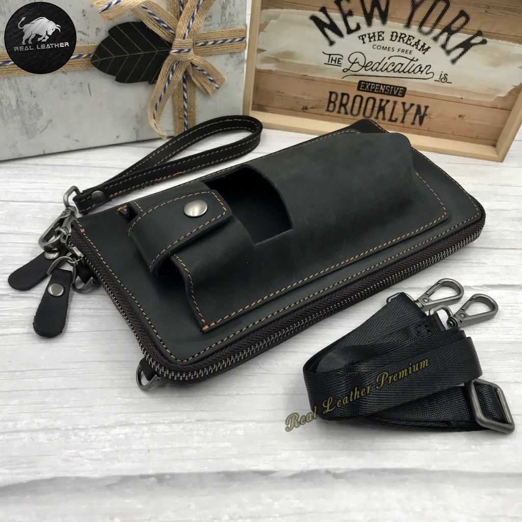 2 Use Clutch Long Zip Leather Wallet Sling Genuine Cow Leather Purse Dompet Kulit Lembu Panjang Shopee Malaysia