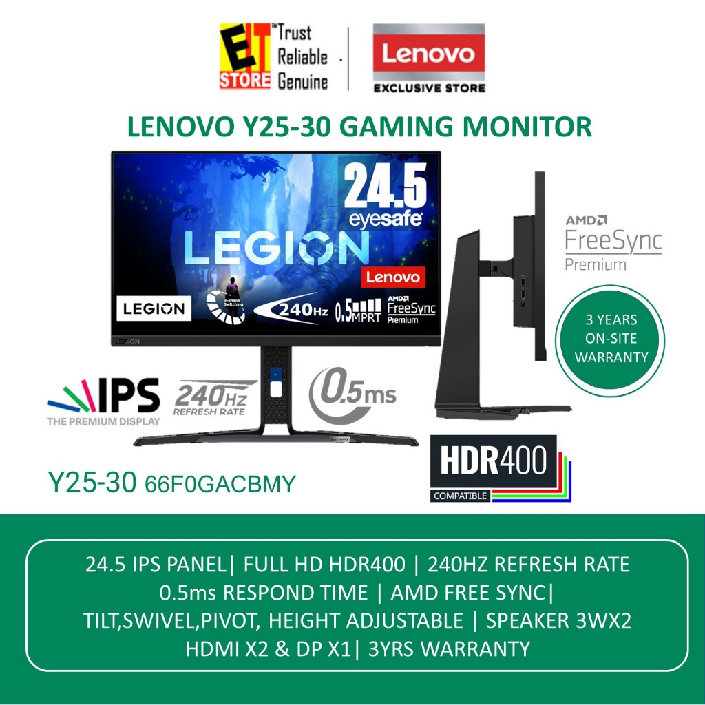 Écran Gaming Lenovo Legion Y25-30 24,5 FHD (Fast IPS, 240 Hz, 0.5  ms,FreeSync Premium)