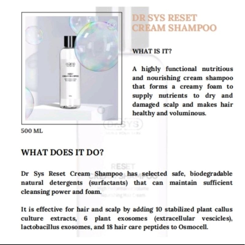 Dr Sys Reset Cream Shampoo & Reset Treatment 500ml Hair Growth