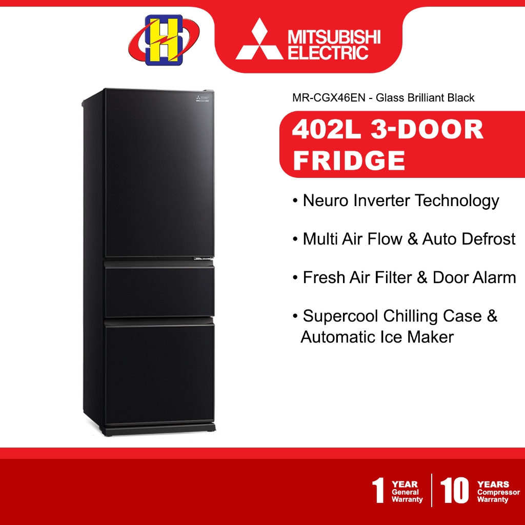 Mitsubishi Inverter Auto Ice Maker 3Door Fridge (402L) MRCGX46ENGBK