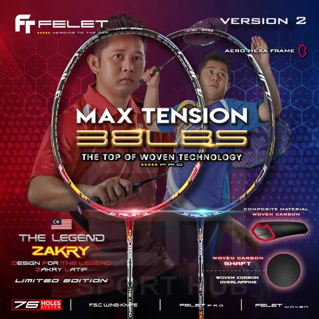 FELET The Legend Zakry Used By Zakry V2 Badminton Racquet 38lbs FREE Grip!!