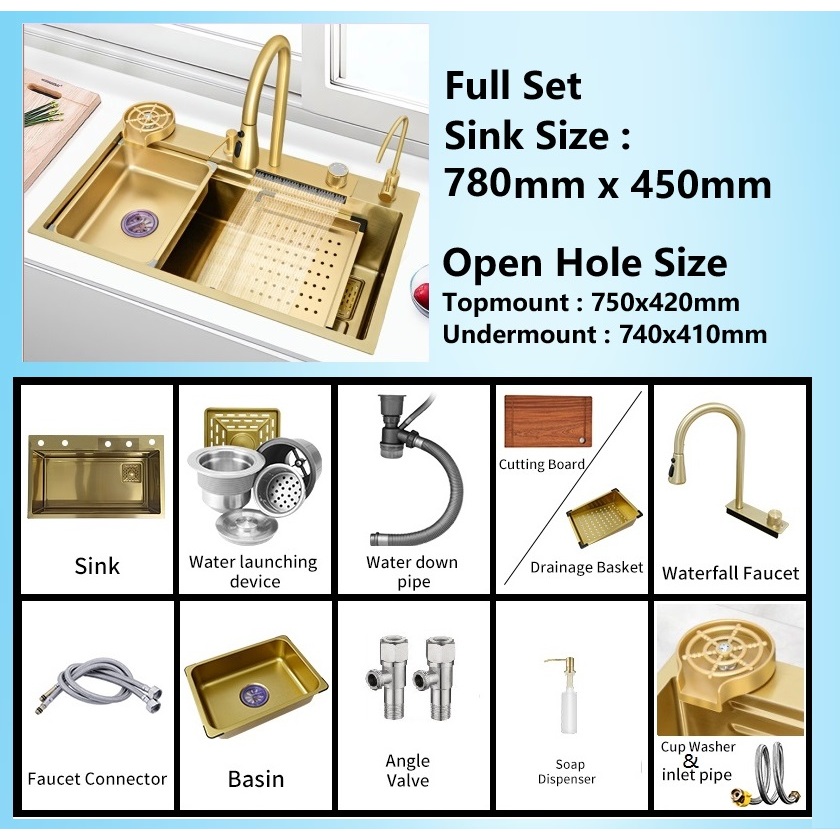[BUY 1 FREE 10 GIFTS] Waterfall Kitchen Sink Gold 304 Stainless Steel 7845 Waterfall Sink Set