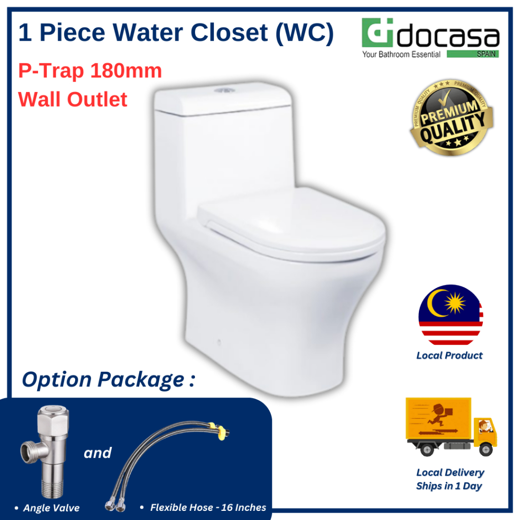 Docasa 1 Piece Water Closet WC PTrap 180mm Washdown With PP soft close