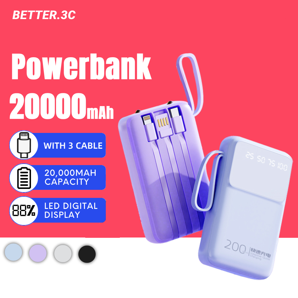 Powerbank 20000mAh Built in 3 Cables Fast charging Digital LED Display