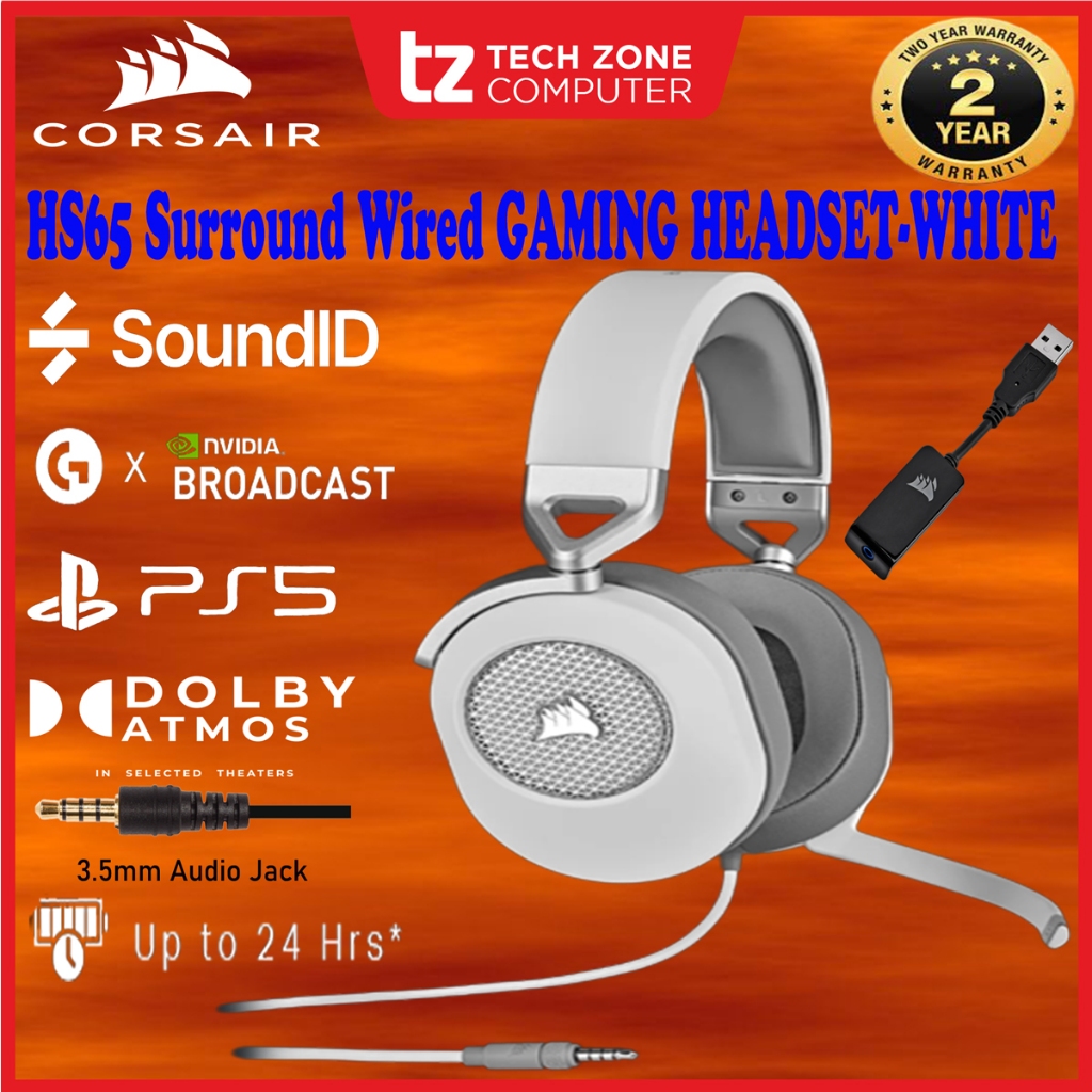 CORSAIR HS65 Surround Wired Gaming Headset — White(CA-9011271-AP ...