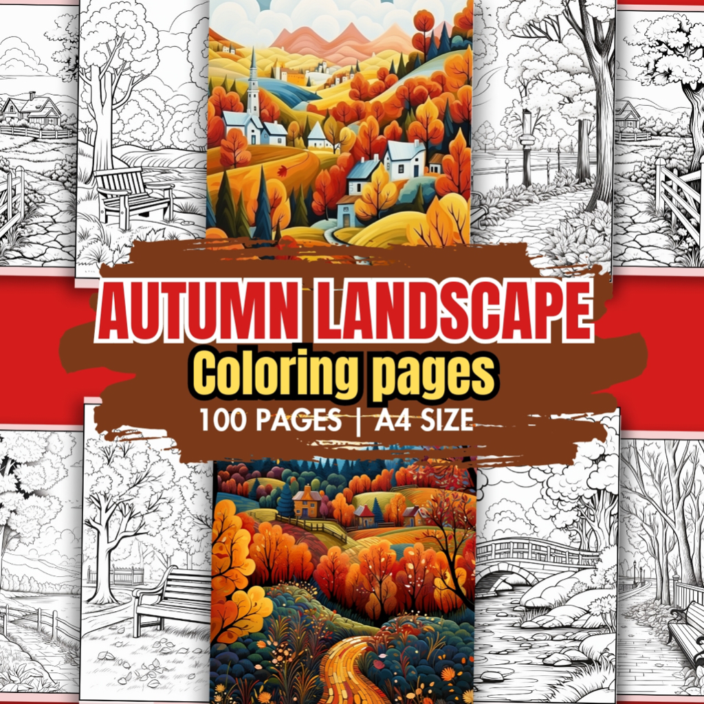 Autumn Landscape Printable Coloring Pages Set 100 Pages | Coloring ...