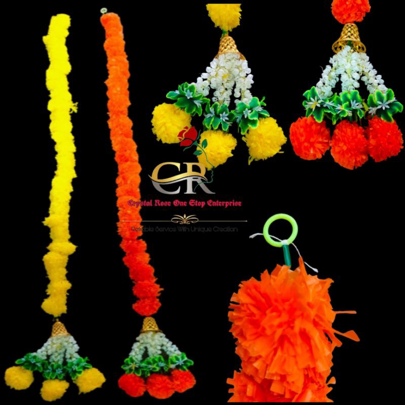 Artificial Plastic Jumbo Marigold Fluffy Flowers With Bell & Jasmine Hanging Thoran Shopee