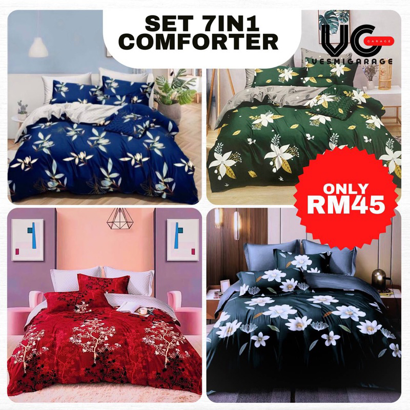 Bed sheet Set 7 in 1 with COMFORTER TEBAL dan CADAR FITTED Queen