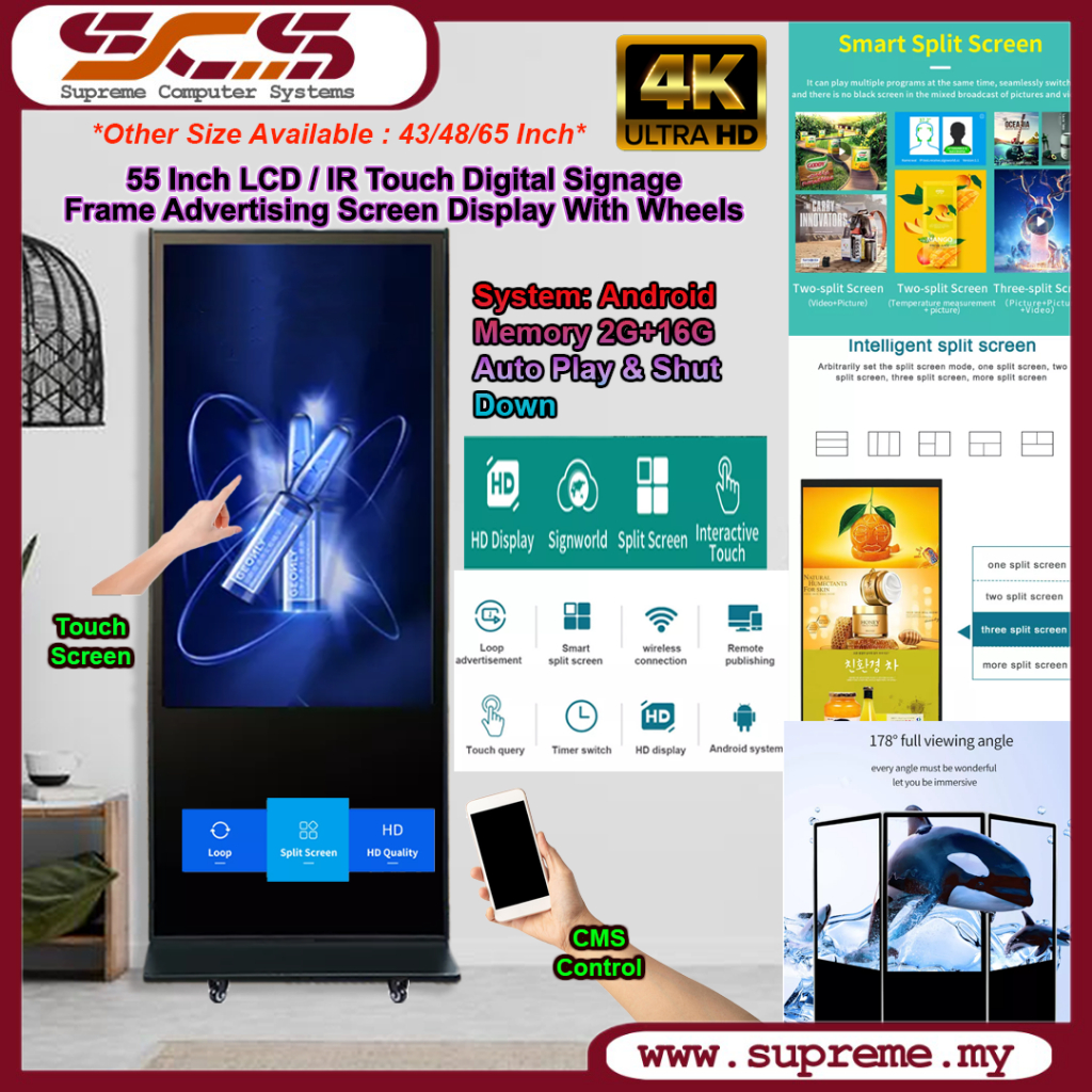 55 Inch 4K / 2K Touch Screen Advertising LCD Display/ Kiosk Digital ...