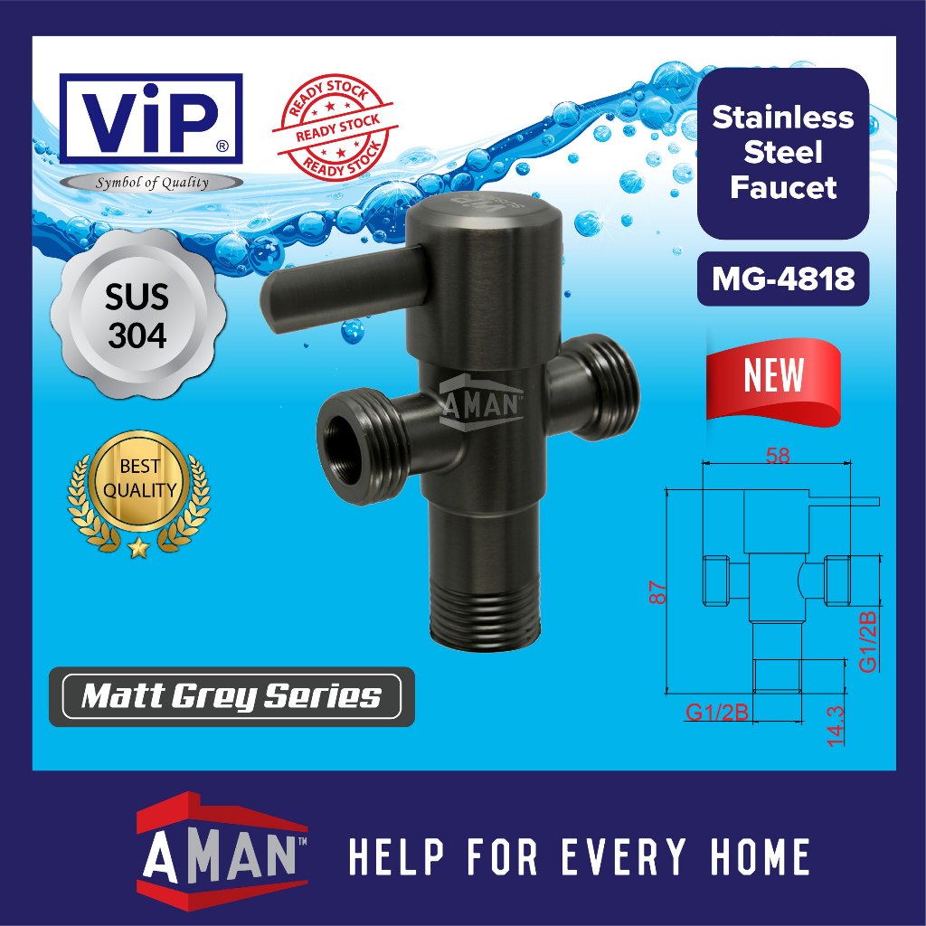 ViP SUS-304 Stainless Steel Matt Grey Quarter Turn 2-Way Angle Valve ...