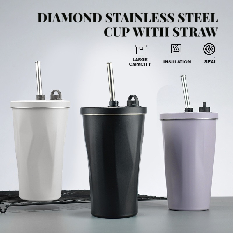 600ml 304 Stainless Steel Thermos Flask Tumbler Cup with Straw Vacuum ...