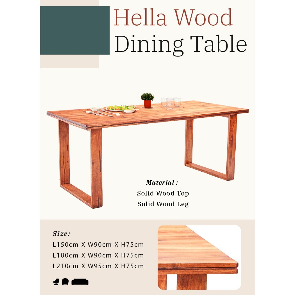 HELLA DINING TABLE WOODEN TABLE SOLID RUBBER WOOD DINING TABLE 4 TO 6 SEATER (clearance stock