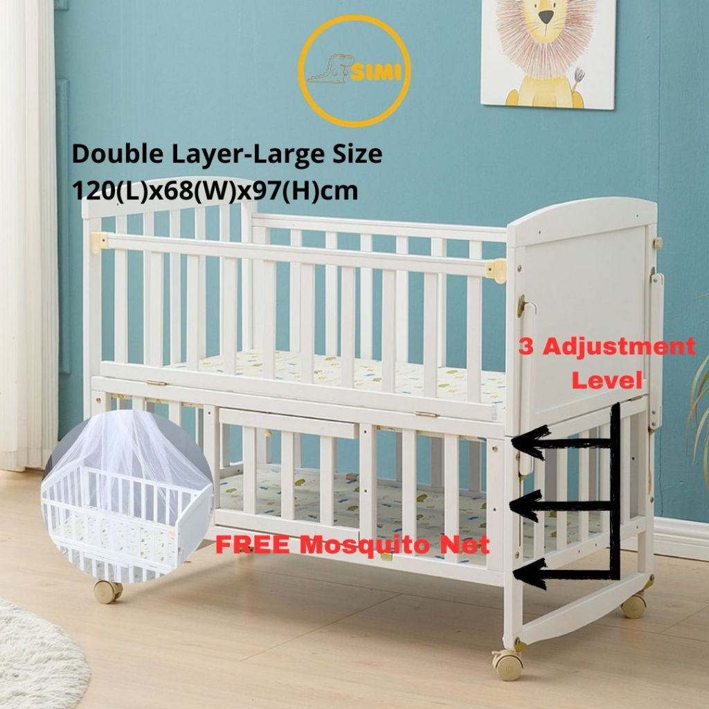 SIMI Wooden Baby Cot Multifunction Double Layer Baby Crib Playpen with Mosquito Net Bedding Set Baby Bed Katil Baby Kayu Shopee Malaysia