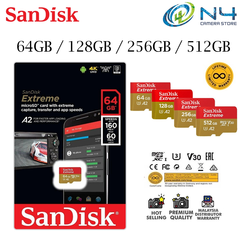 Sandisk Extreme Micro UHS-I U3 4K 170mb Memory Card (64GB/128GB/256GB ...